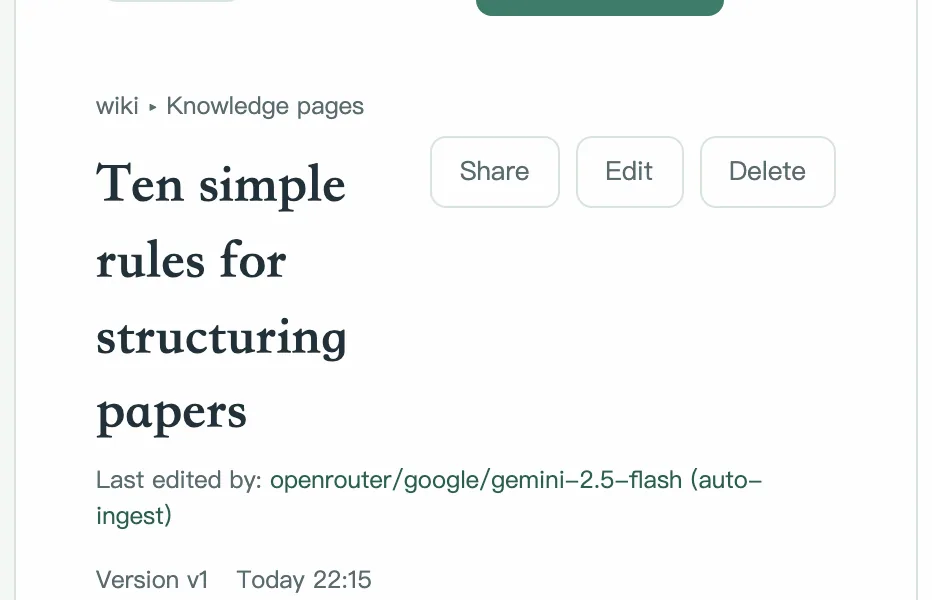 A wiki page compiled by an agent: its title, a byline naming the model that wrote it, the body, and links back to the source.